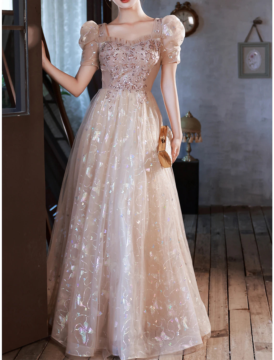 Vestidos de fiesta de corte A, elegantes, para fiesta, hasta el suelo, media manga, escote corazón, satén con apliques y tiras